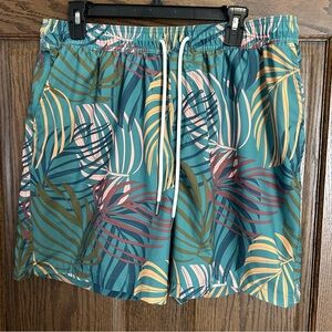 Goodfellow & Co Teal and Pink Leaf Print Swim Trunks